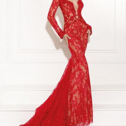 2016 Sexy Red Long Lace Gown Mermaid Appliques..