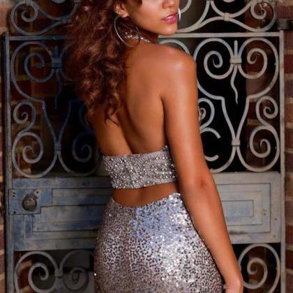 Backless Sequins Beaded Halter Long Pageant..