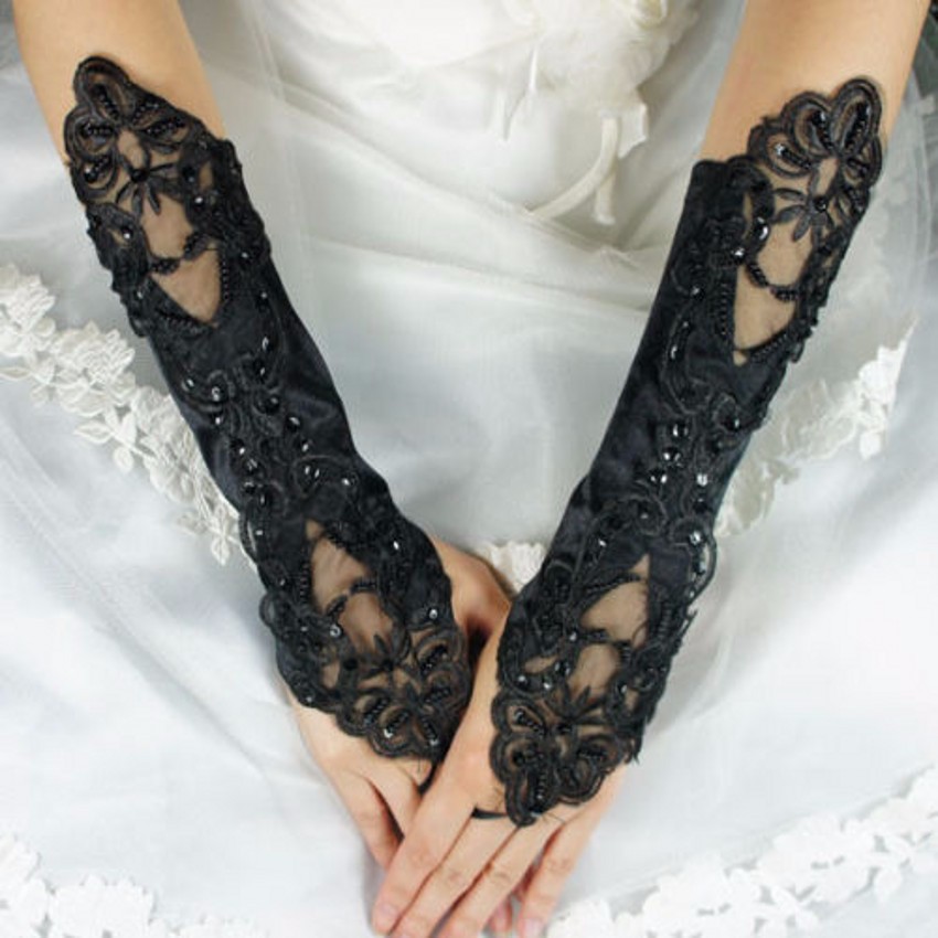 2015 Black Lace Women Bridal Gloves Appliques Pearls Sequined Fingerless One Size Elbow Wedding Accessories