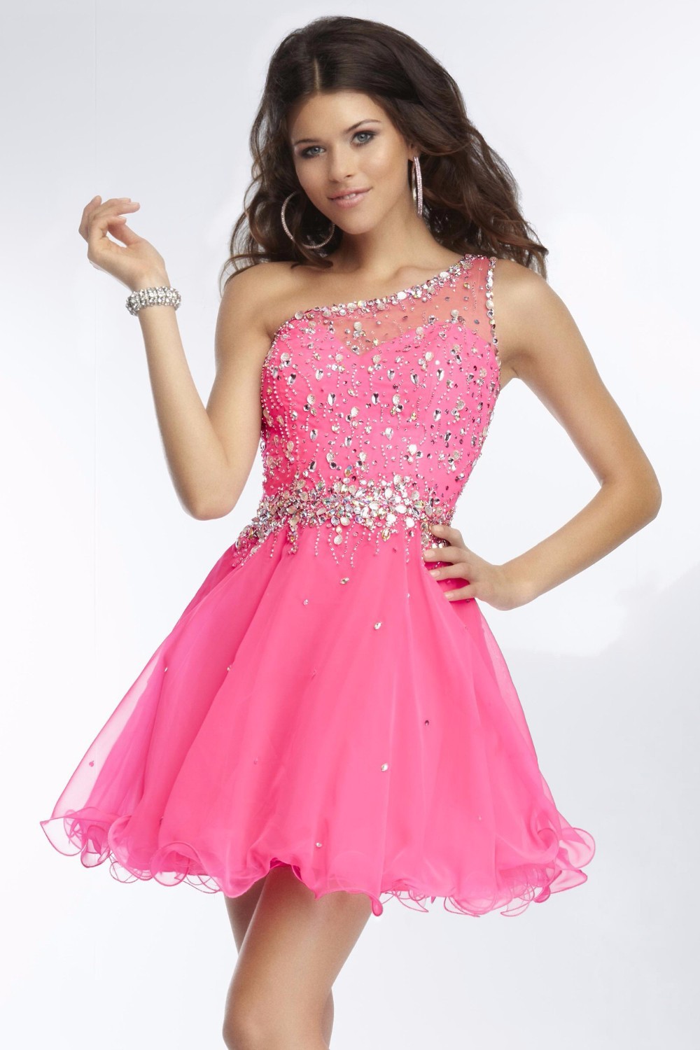 One Shoulder Sheer Sexy Short Homecoming Dresses A Line Tulle Crystals ...