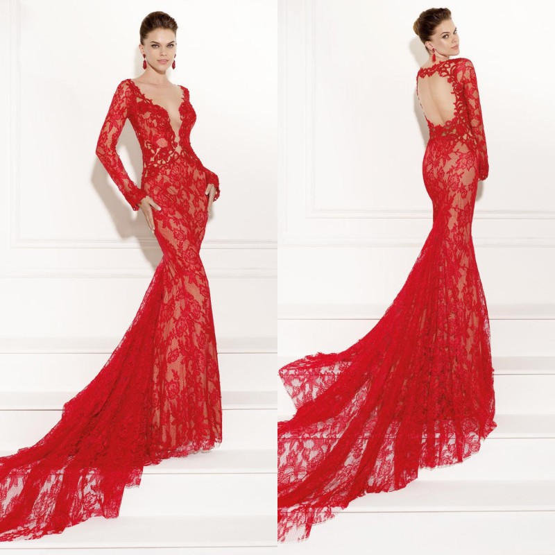 2016 Sexy Red Long Lace Gown Mermaid Appliques Sheer Scoop Collar Long Sleeves Keyhole Back Evening Party Dresses