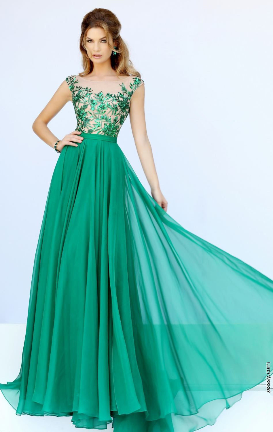 Green Long Evening Dresses 2016 Schoop Neck Evening Gowns,cap Sleeve Evening Dress,plus Size Prom Party Gown,chiffon Prom Dresses