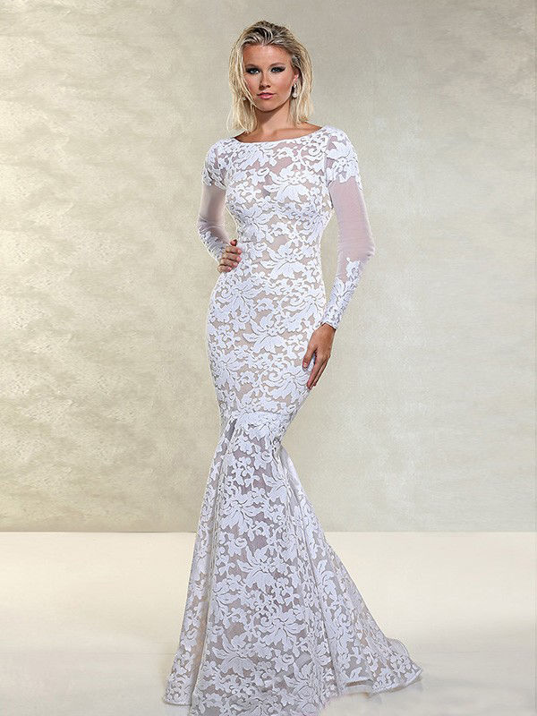 Long Sleeve White Lace Mermaid Bridal Wedding Dress Prom Formal Pageant Dresses