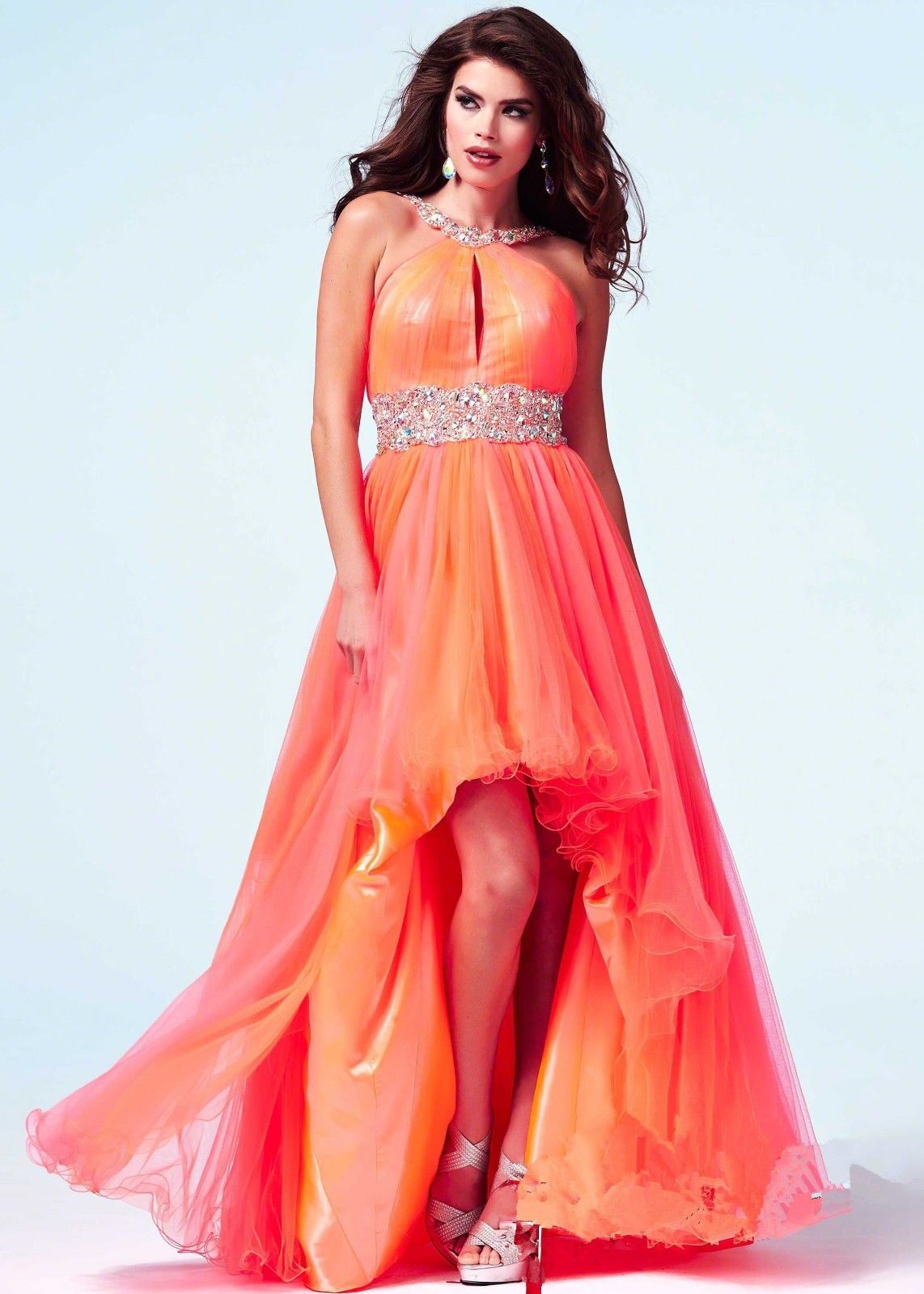 Sexy Orange Hi-lo Tulle Beaded Prom Dress Homecoming Party Formal Evening Dress