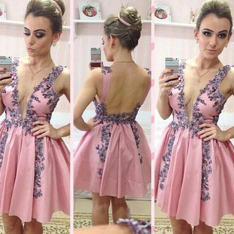 Sexy Deep V Neck Short Cocktail Dresses 2015 Modern Lace Appliqued Backless Prom  Dresses Women Party on Luulla