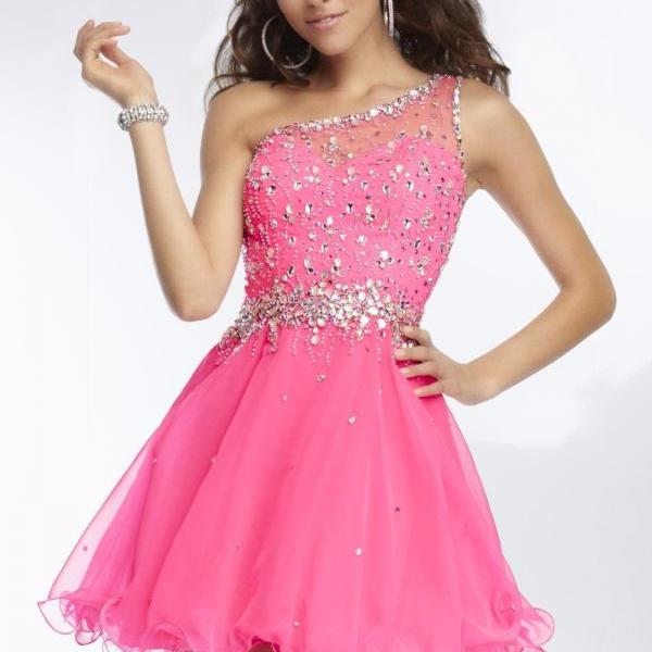 One Shoulder Sheer Sexy Short Homecoming Dresses A Line Tulle Crystals ...