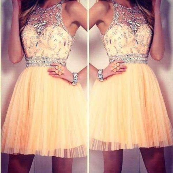 2015 Short Crystals Sexy Prom Dresses O Neck Beading A Line Mini ...